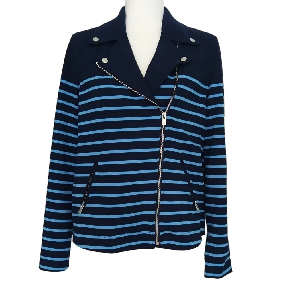 NYDJ Navy Blue Stripe Ponte Knit Moto Jacket Zip Pockets Preppy Modern Nautical